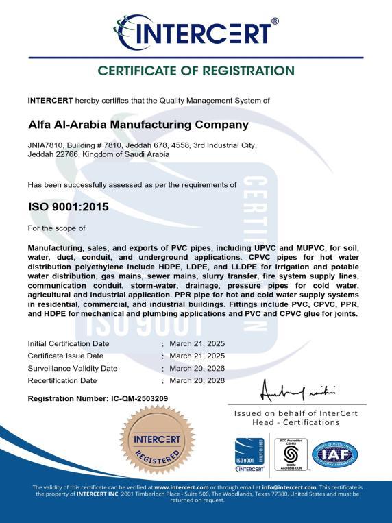 ISO 9001:2015 Certificate of Registration — INTERCERT IC-QM-2503209