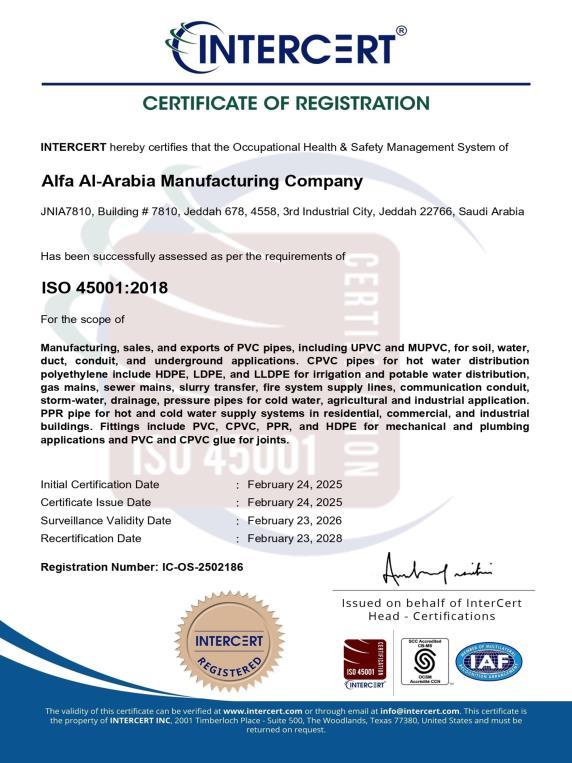 ISO 45001:2018 Certificate of Registration — INTERCERT IC-OS-2502186