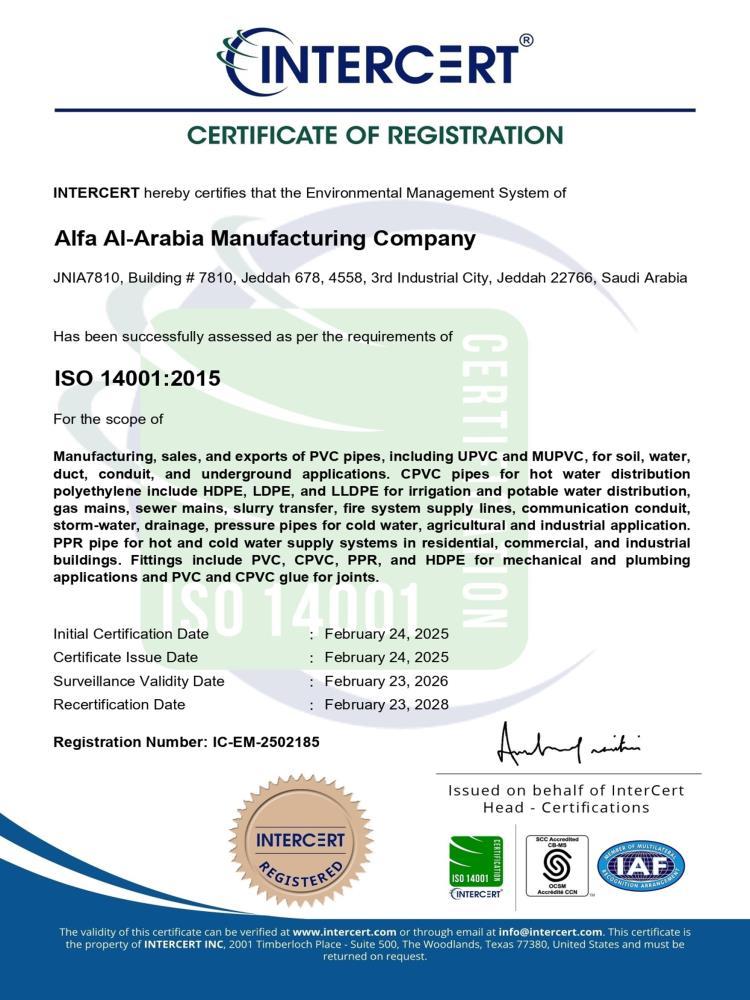 ISO 14001:2015 Certificate of Registration — INTERCERT IC-EM-2502185