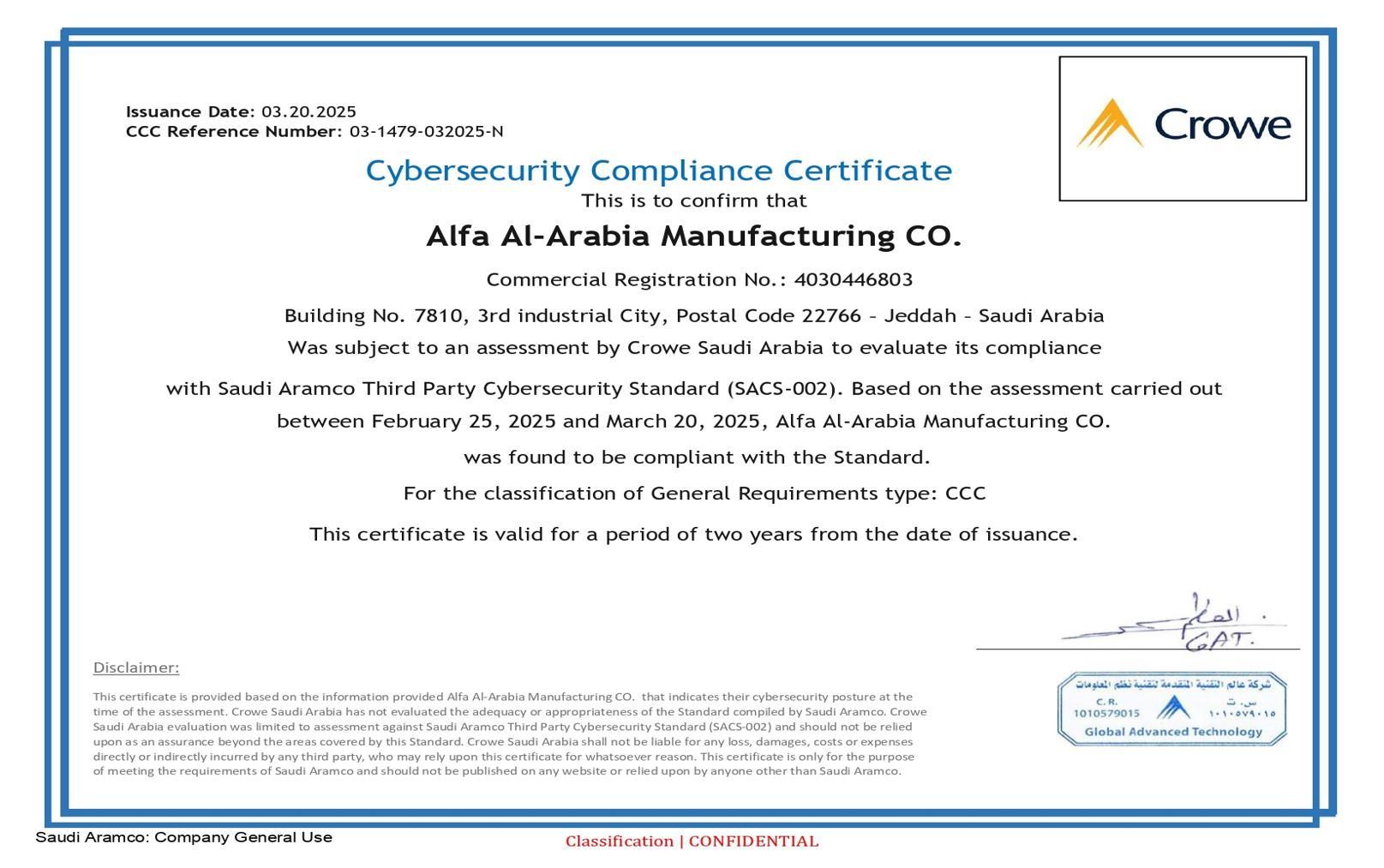Saudi Aramco SACS-002 Cybersecurity Compliance Certificate