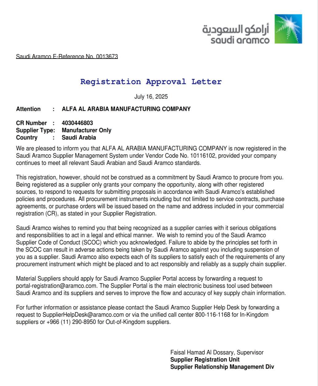 Saudi Aramco Registration Approval Letter — Vendor 10116102