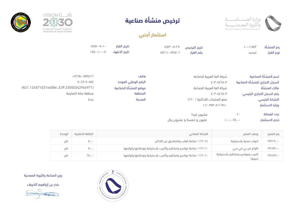 Ministry of Industry Industrial Facility License — Facility 10011843