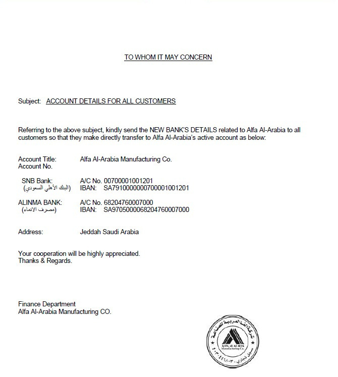 ALFA AL-ARABIA official bank account details letter